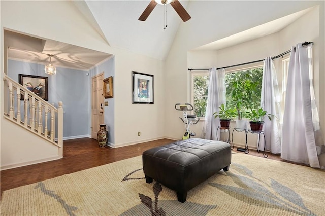 210 N Wesleyan Cir, Macon, GA 31210 - living area with wood finished floors, ceiling fan, a chandelier, and high vaulted ceiling