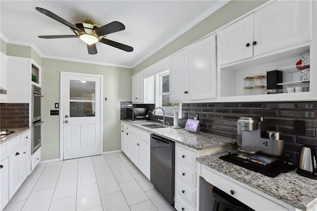 210 N Wesleyan Cir, Macon, GA 31210 - kitchen with dishwasher, open shelves, stainless steel double oven, backsplash, and a ceiling fan