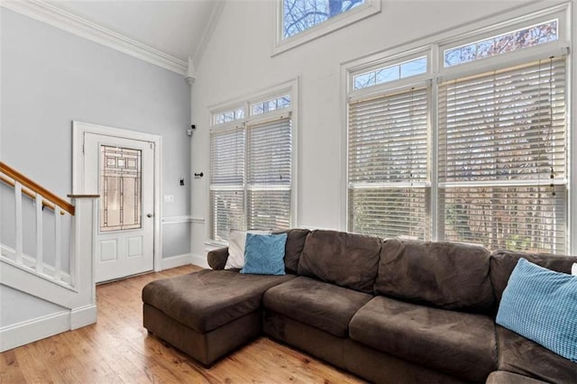 living room with hardwood / wood-style flooring, high vaulted ceiling, and crown molding