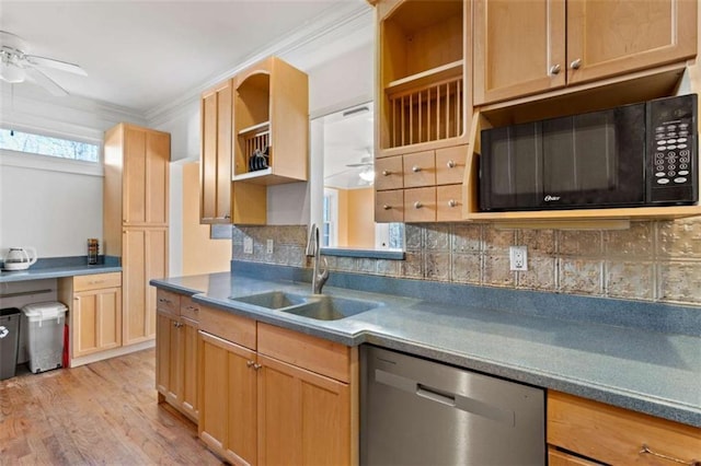 kitchen with stainless steel dishwasher, backsplash, crown molding, and sink