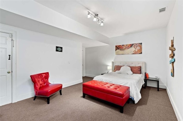 bedroom featuring carpet floors and track lighting