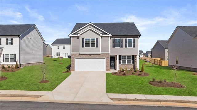 view of front of home with concrete driveway, brick siding, a garage, and a front lawn