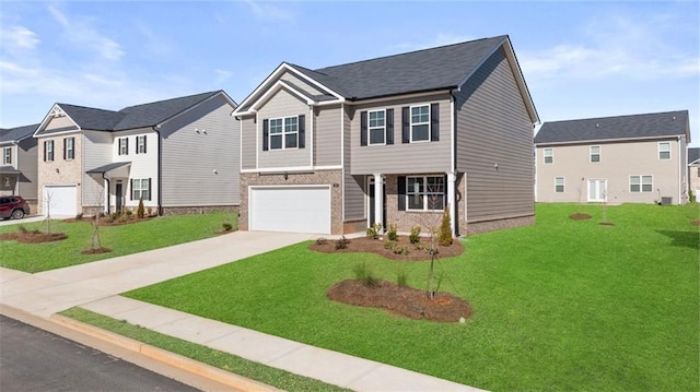 view of front of home with concrete driveway, an attached garage, a front yard, and a residential view