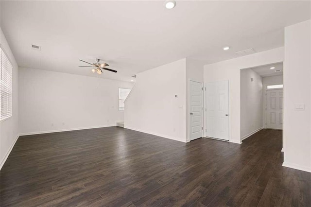 unfurnished room featuring visible vents, baseboards, dark wood finished floors, recessed lighting, and a ceiling fan