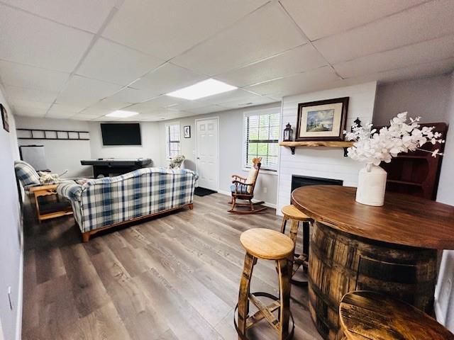1008 Lakeview Acres, Hiawassee, GA 30546 - living room with a paneled ceiling, wood finished floors, a fireplace, and baseboards