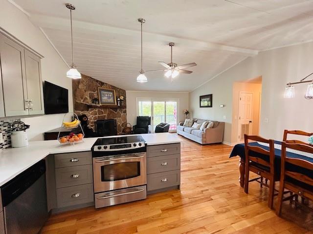 1008 Lakeview Acres, Hiawassee, GA 30546 - kitchen with appliances with stainless steel finishes, gray cabinets, a peninsula, open floor plan, and light countertops