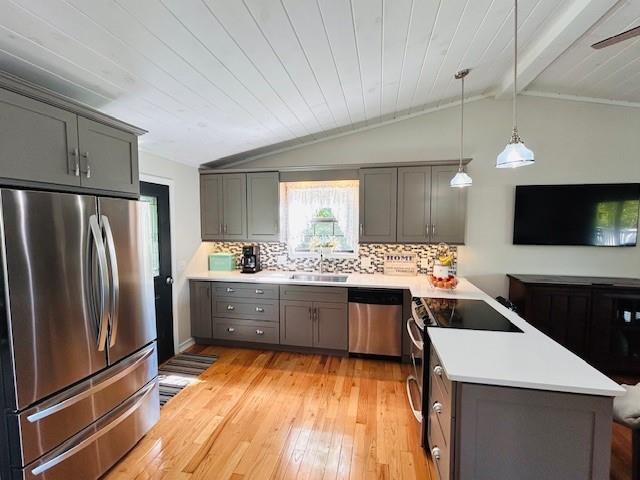 1008 Lakeview Acres, Hiawassee, GA 30546 - kitchen featuring appliances with stainless steel finishes, gray cabinetry, a peninsula, tasteful backsplash, and wood ceiling