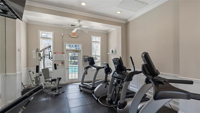 4100 Paces Walk SE Unit 4306, Atlanta, GA 30339 - exercise area featuring recessed lighting, ceiling fan, ornamental molding, and baseboards