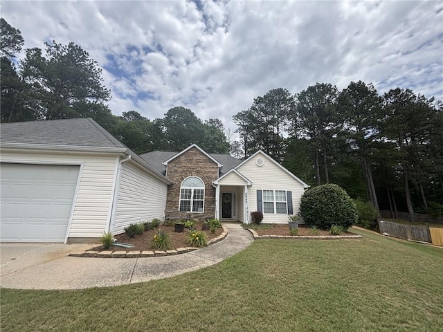 2840 Alcovy River Vw, Dacula, GA 30019 - view of front of property featuring a front yard, stone siding, and an attached garage