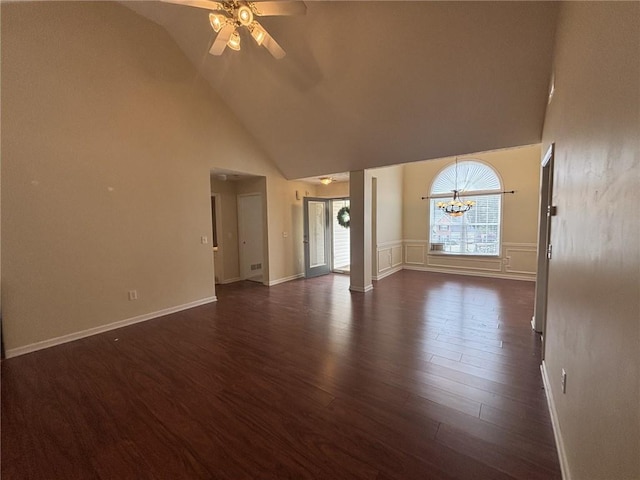 2840 Alcovy River Vw, Dacula, GA 30019 - unfurnished living room with ceiling fan, high vaulted ceiling, dark wood finished floors, a chandelier, and baseboards