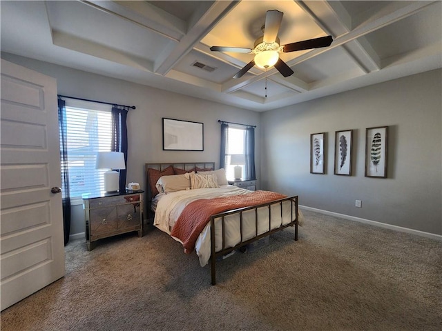 bedroom featuring carpet, visible vents, coffered ceiling, and baseboards