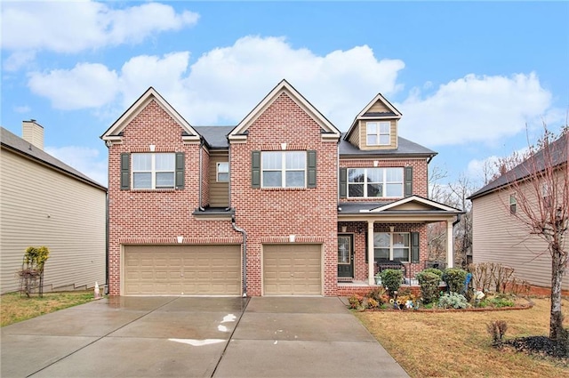 view of front facade featuring a porch, concrete driveway, a front yard, a garage, and brick siding