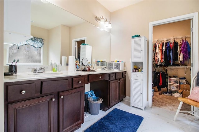 bathroom with a sink, a spacious closet, and double vanity