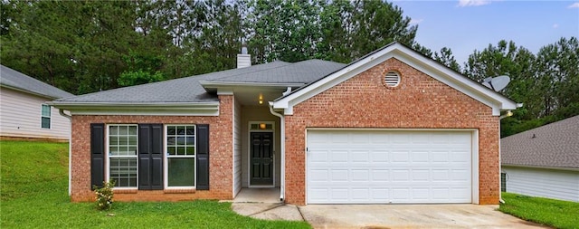 10247 Deep Creek Pl, Union City, GA 30291 - ranch-style home with driveway, brick siding, a chimney, a garage, and a front yard