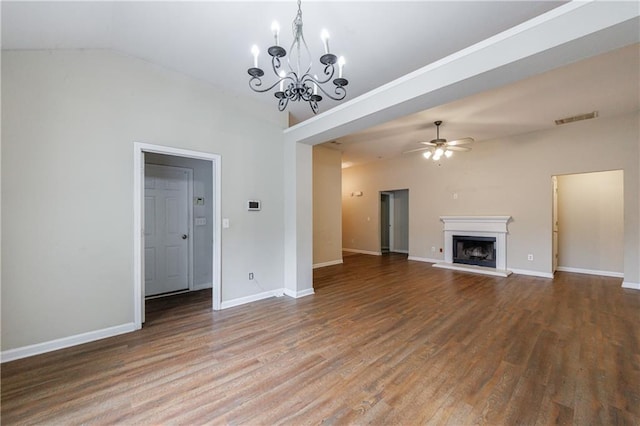10247 Deep Creek Pl, Union City, GA 30291 - unfurnished living room with a chandelier, wood finished floors, a ceiling fan, a fireplace with raised hearth, and baseboards