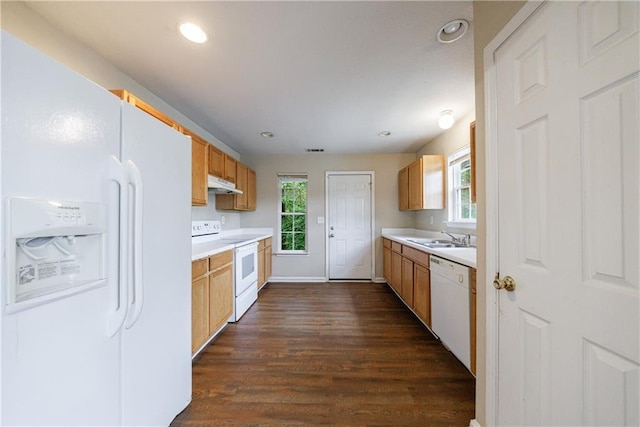 10247 Deep Creek Pl, Union City, GA 30291 - kitchen featuring white appliances, under cabinet range hood, dark wood-style floors, light countertops, and recessed lighting