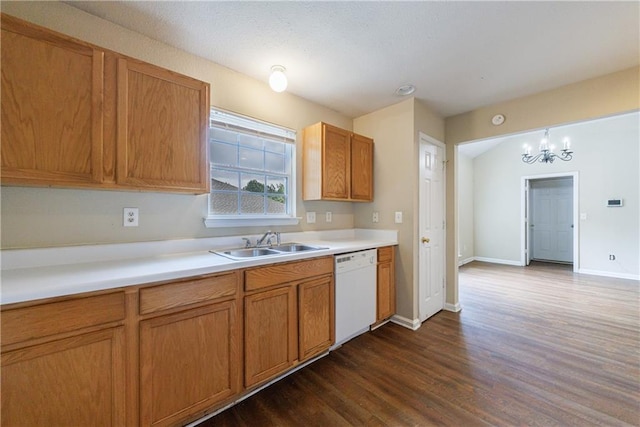 10247 Deep Creek Pl, Union City, GA 30291 - kitchen with dishwasher, a chandelier, a sink, dark wood-style floors, and light countertops
