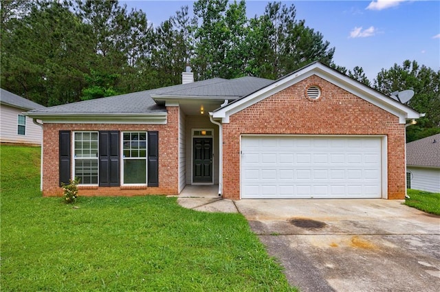 10247 Deep Creek Pl, Union City, GA 30291 - ranch-style home with concrete driveway, brick siding, a chimney, and a front lawn