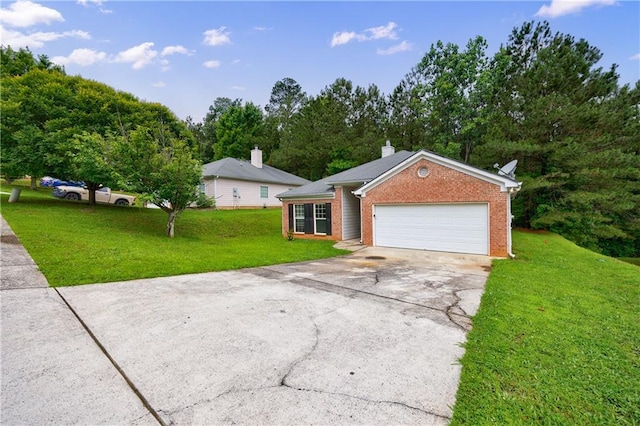 10247 Deep Creek Pl, Union City, GA 30291 - view of front of home with brick siding, concrete driveway, a front yard, an attached garage, and a chimney