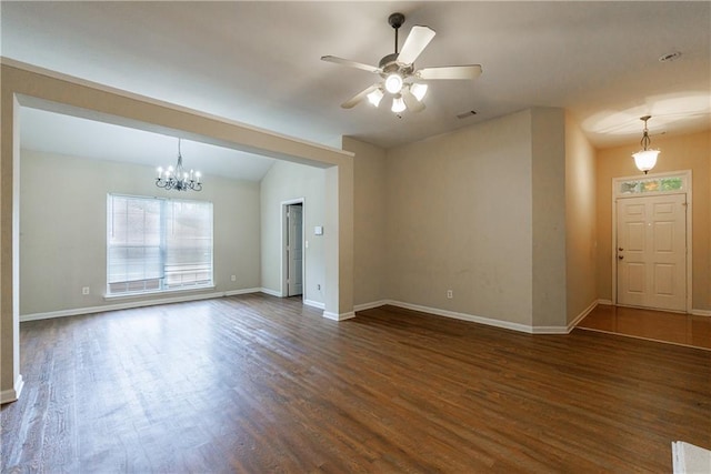 10247 Deep Creek Pl, Union City, GA 30291 - unfurnished living room featuring wood finished floors, baseboards, a chandelier, and a ceiling fan