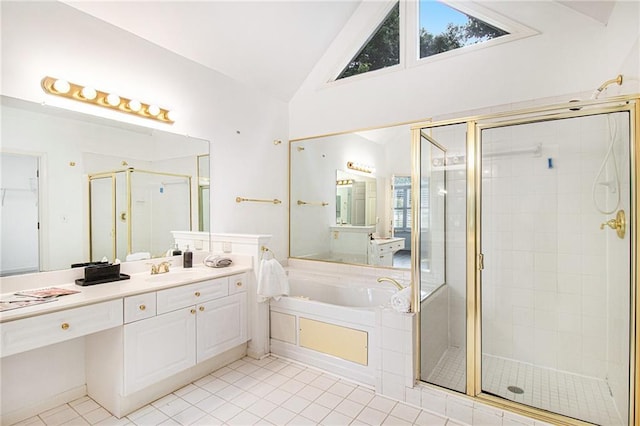 200 Ridge Bluff Ln, Suwanee, GA 30024 - bathroom with a stall shower, a bath, tile patterned floors, vanity, and plenty of natural light