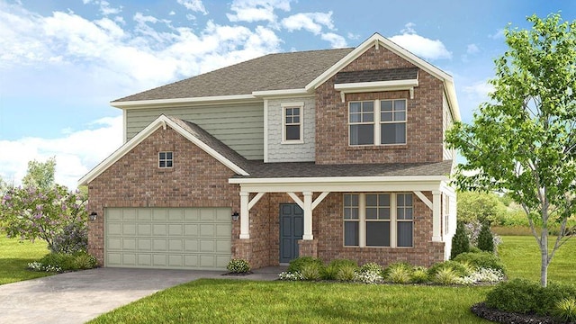 craftsman house featuring a front lawn and a garage