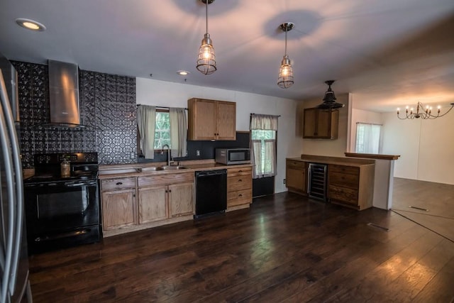 1530 Unity Church Cir, Maysville, GA 30558 - kitchen featuring black appliances, wall chimney exhaust hood, wine cooler, dark wood-style floors, and decorative light fixtures