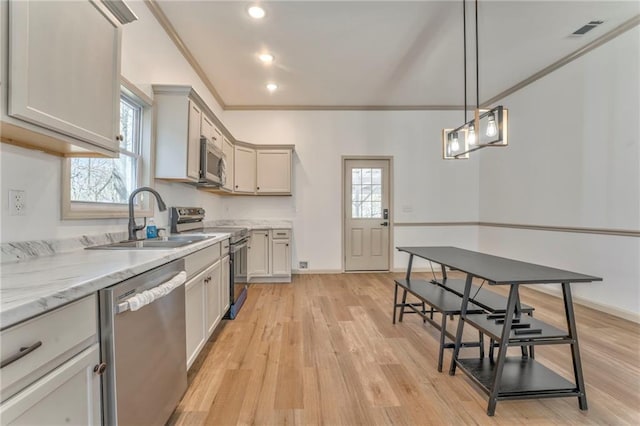 kitchen featuring a sink, visible vents, appliances with stainless steel finishes, and a healthy amount of sunlight