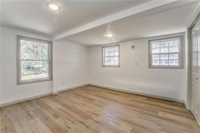 unfurnished room featuring light wood-style floors and baseboards