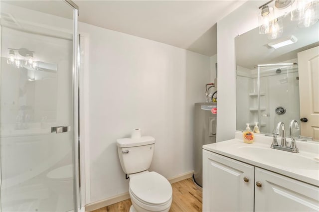 full bath featuring toilet, water heater, a stall shower, wood finished floors, and vanity