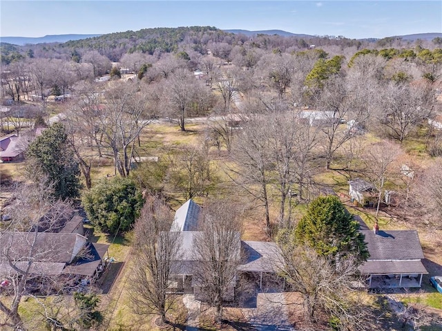 birds eye view of property featuring a mountain view and a view of trees