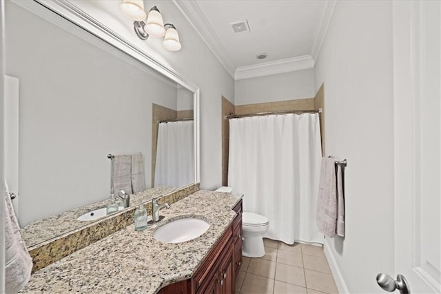 1323 Frey Lake Ct, Kennesaw, GA 30144 - full bath with vanity, toilet, crown molding, tile patterned flooring, and a shower with curtain