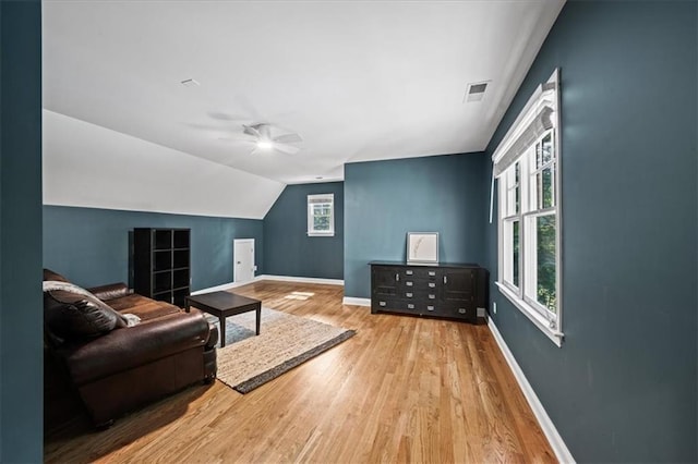 1323 Frey Lake Ct, Kennesaw, GA 30144 - living room with baseboards, wood finished floors, a ceiling fan, and lofted ceiling