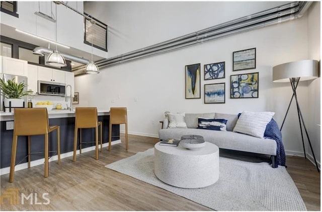 living room featuring light wood-type flooring and a high ceiling