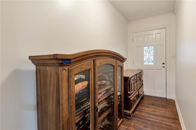 foyer entrance with crown molding and dark wood-type flooring