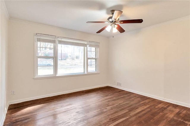 unfurnished room featuring ceiling fan, dark hardwood / wood-style flooring, and ornamental molding