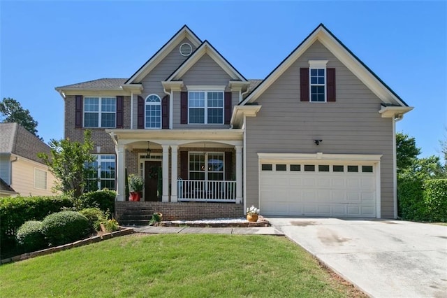 829 Castlebottom Dr, Lawrenceville, GA 30045 - traditional-style house with a porch, concrete driveway, a front lawn, brick siding, and a garage