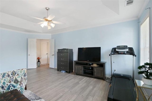 829 Castlebottom Dr, Lawrenceville, GA 30045 - exercise room featuring light wood-style flooring, a ceiling fan, and ornamental molding