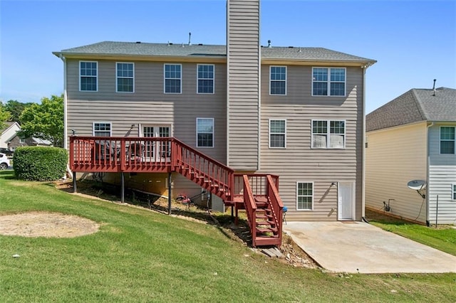 829 Castlebottom Dr, Lawrenceville, GA 30045 - rear view of property featuring a patio area, stairs, a deck, a lawn, and a chimney