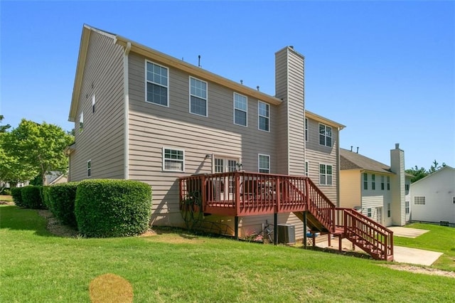 829 Castlebottom Dr, Lawrenceville, GA 30045 - rear view of house featuring a deck, a chimney, a yard, cooling unit, and stairs