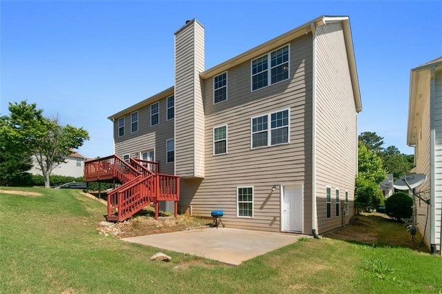 829 Castlebottom Dr, Lawrenceville, GA 30045 - rear view of house with a patio, a chimney, a yard, a deck, and stairs