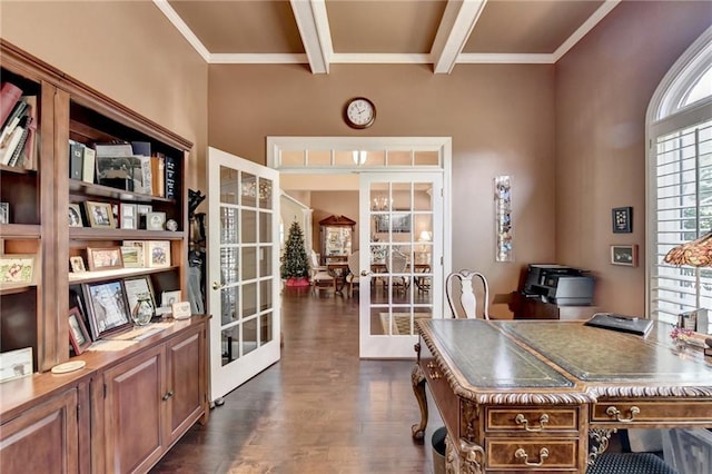 office with beam ceiling, dark hardwood / wood-style flooring, french doors, and ornamental molding