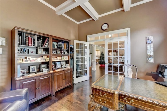 home office featuring french doors, coffered ceiling, dark wood-type flooring, and beam ceiling