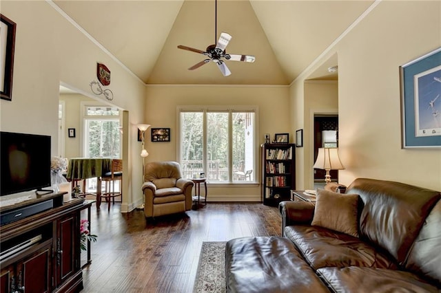 living room featuring ceiling fan, dark hardwood / wood-style flooring, and high vaulted ceiling