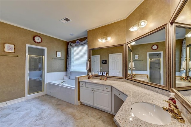 bathroom with vanity, separate shower and tub, and ornamental molding