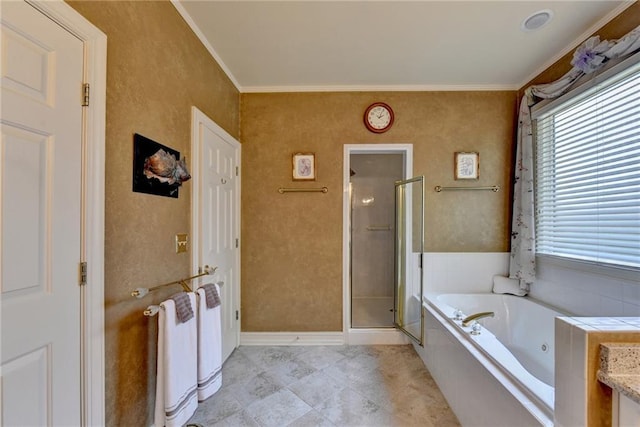 bathroom featuring vanity, independent shower and bath, and ornamental molding