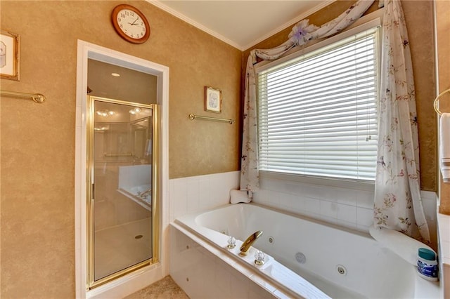 bathroom featuring crown molding and plus walk in shower