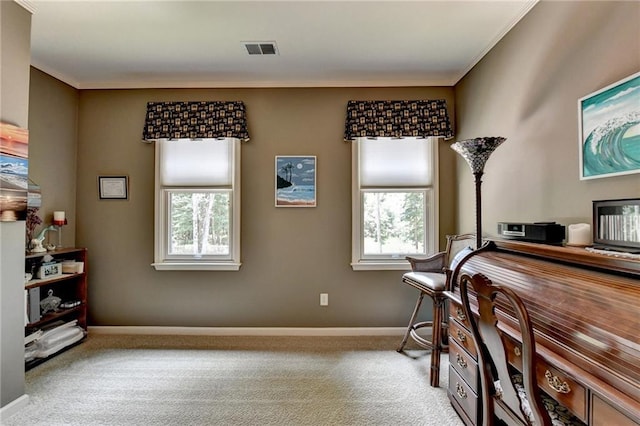 miscellaneous room with crown molding and light colored carpet