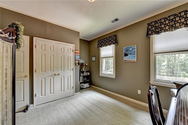 office with light colored carpet and crown molding