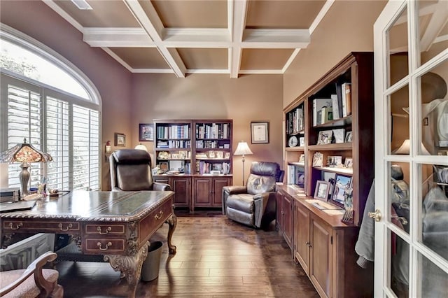 office area with beam ceiling, crown molding, dark hardwood / wood-style flooring, and coffered ceiling